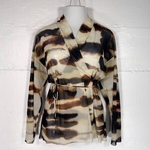 Zara Sheer Abstract Mesh Wrap Top Brown Cream Long Sleeve Size Small Chic